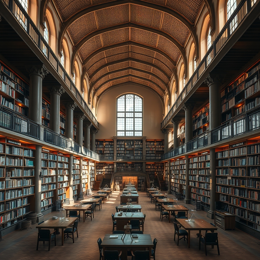 Библиотека с высокими книжными полками и мягким дневным освещением