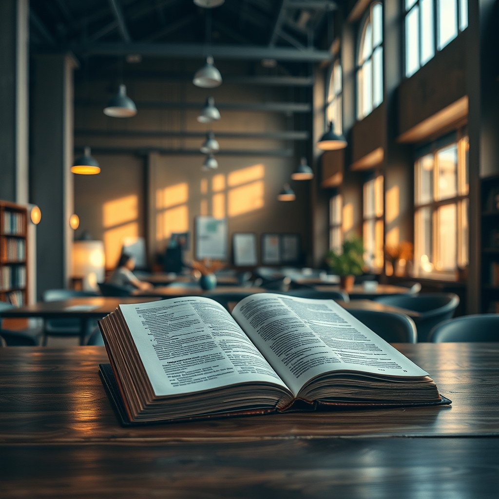 Открытая книга на деревянном столе рядом с кофейной кружкой в библиотеке